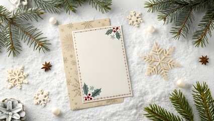 A blank Christmas card with festive decorations and evergreen branches scattered on snow, perfect for holiday greetings and invitations