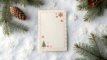 Blank Christmas card template beautifully arranged with fresh pine branches, natural cones, and decorative snowflakes on a soft snowy backdrop, ready for holiday greetings