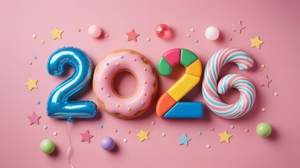 Colorful happy new year 2026 made of toy donut candy on pink background