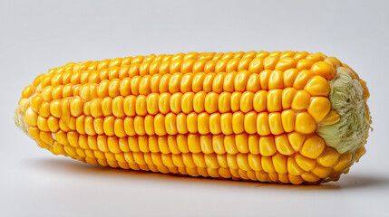 Close up of a single ear of yellow corn with visible kernels against a plain background