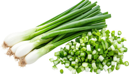 Obraz premium Chopped spring onions cut into small fresh green rings for cooking, garnish, flavor enhancement, and culinary meal preparation isolated on white background