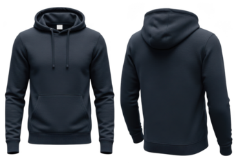 Front and back view of a plain dark navy blue mens hoodie or sweatshirt with a hood and kangaroo pocket, isolated on transparent background