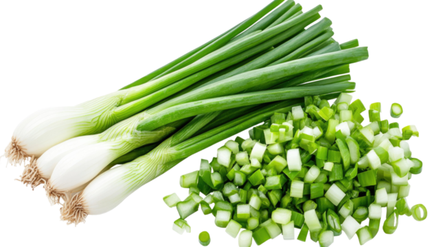 Chopped spring onions cut into small fresh green rings for cooking, garnish, flavor enhancement, and culinary meal preparation isolated on white background