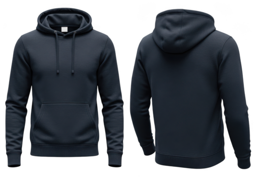 Front and back view of a plain dark navy blue mens hoodie or sweatshirt with a hood and kangaroo pocket, isolated on transparent background - Powered by Adobe