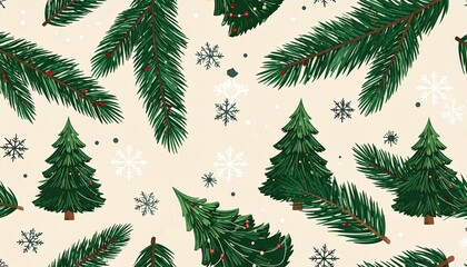 Festive Christmas Tree and Pine Branch Seamless Pattern.