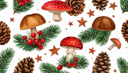 Festive Winter Forest Pattern with Pine Cones Mushrooms Berries and Stars.