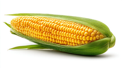 A single ear of corn with green husk partially peeled back, isolated on a white background