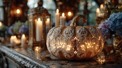 Enchanted squash with glowing carvings and chilling ambiance on white