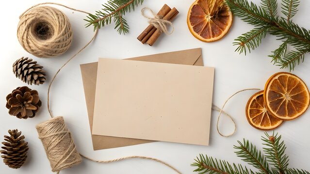 Christmas Greetings A Festive Composition with Pine, Cinnamon, Dried Orange, Twine, Cones, and Blank Card