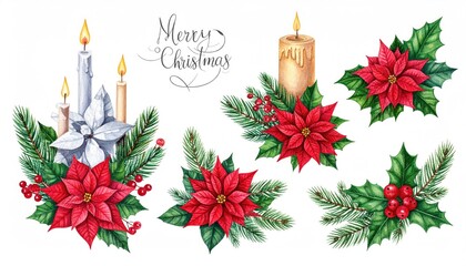 Watercolor Christmas elements with poinsettias holly pine branches and lit candles.