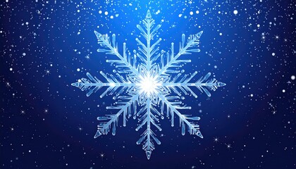 Detailed intricate snowflake glowing on a dark blue winter background with falling snow.