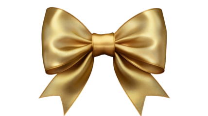 Golden ribbon bow featuring shiny metallic loops and elegant tied shape for gifting, decoration, celebration, and festive wrapping isolated on white background