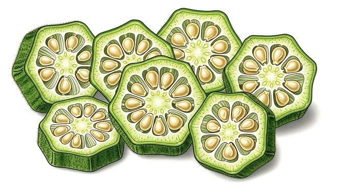 Fresh green raw okra pods sliced in cross section on a white background.