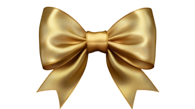Golden ribbon bow featuring shiny metallic loops and elegant tied shape for gifting, decoration, celebration, and festive wrapping isolated on white background