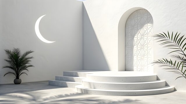 A serene, sunlit architectural scene with crescent moon motif and palm fronds, embodying a peaceful, spiritual ambiance, perfect for festive or contemplative themes