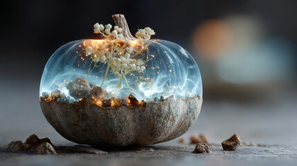 Ether-themed squash with levitated chunks and haze orb on white
