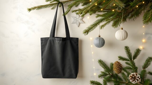 Blank black tote bag hanging on a festive Christmas tree branch with ornaments, providing a perfect mockup for holiday designs and eco-friendly shopping