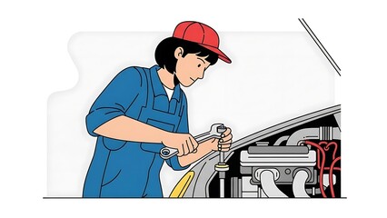 Female Mechanic Working on Car Engine with Wrench.