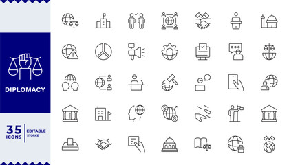 Diplomacy linear icon set. Political dialogue, law, politics, peace, alliance, foreign policy, government, summit, international relations, diplomatic, debate, vector icon set. UI thin line icon pack