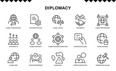 Strategic Global Diplomacy icon collection featuring dynamic international relations symbols for communication and cooperation
