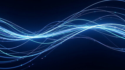 High-Speed Digital Data Flow Abstract Background with Glowing Blue Wavy Fiber Optic Lines