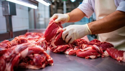 Butcher wearing gloves carefully handling raw red meat cuts on a stainless steel table