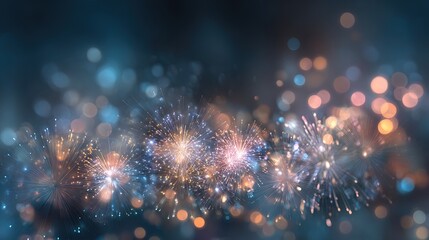 Bright flashes of fireworks in the night sky with blurred lights create a festive atmosphere — perfect as a background for invitations to special events. High quality