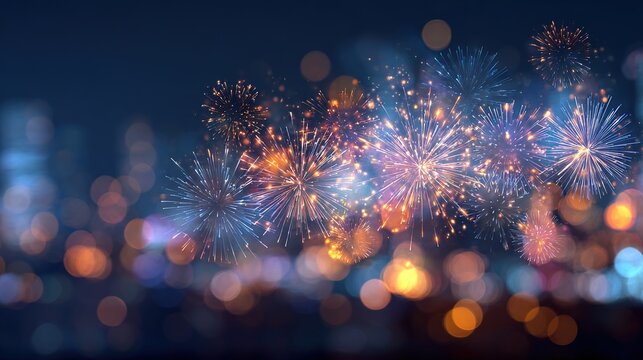 Bright flashes of fireworks in the night sky with blurred lights create a festive atmosphere — perfect as a background for invitations to special events. High quality