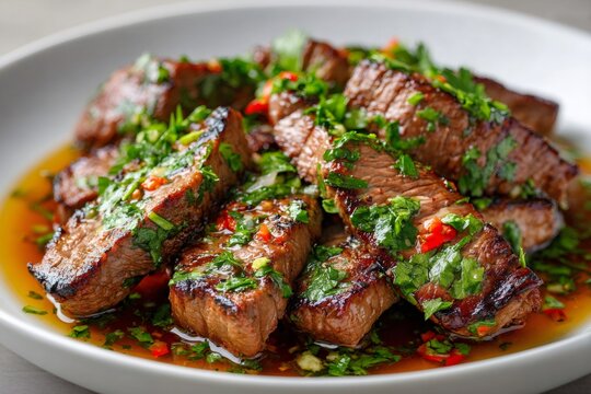 Grilled beef steak with fresh chimichurri sauce