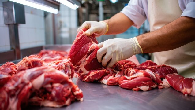 Butcher wearing gloves carefully handling raw red meat cuts on a stainless steel table