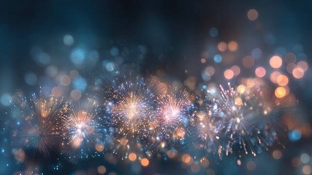Bright flashes of fireworks in the night sky with blurred lights create a festive atmosphere — perfect as a background for invitations to special events. High quality