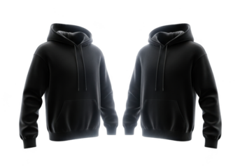 Two realistic 3d renderings of black pullover hoodies with drawstrings and front pocket isolated on transparent background