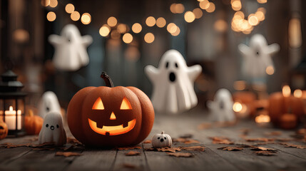 Evil grin jack lantern with orange text and ghost symbols on white Halloween invitation