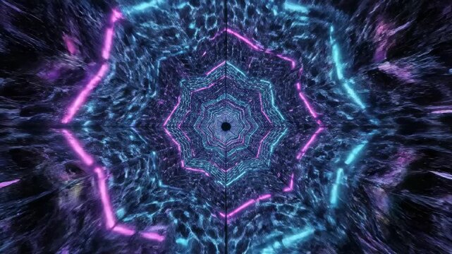 Seamlessly looping abstract digital geometric tunnel creating an infinite echo chamber visualization of repetitive patterns hypnotic, flow, cyber