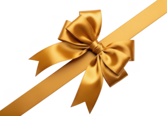 Shiny gold satin ribbon bow tied diagonally across a transparent background, perfect for gift wrapping and celebration decoration
