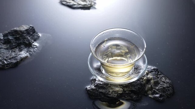 Glass teacup with golden tea on volcanic rocks in water - zen meditation and relaxation concept