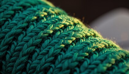 Cozy green chunky knit yarn glows in warm sunlight, highlighting thick stitching and soft textile fibers for a comforting, handmade feeling.