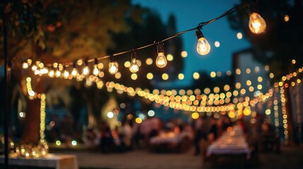 Decorative outdoor string lights glowing at night with blurred party guests in the background, festive atmosphere for Christmas, holiday celebrations, weddings, and seasonal gatherings concept