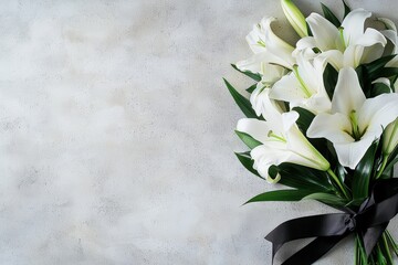 White lilies bouquet tied with a black ribbon, bringing condolence, sympathy, and mourning on a textured background