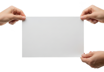 Two pairs of hands holding a blank white rectangular paper sheet horizontally isolated on transparent background