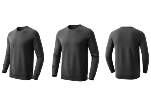Set of three views of a plain dark gray long sleeve crew neck sweater for men, isolated on transparent background