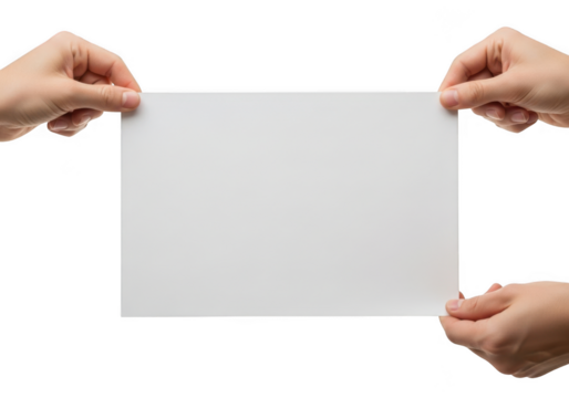 Two pairs of hands holding a blank white rectangular paper sheet horizontally isolated on transparent background