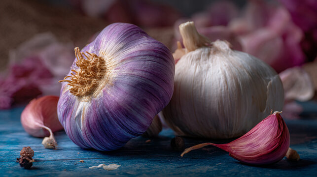 Close up shot of a purple garlic bulb next to a white garlic bulb on a blue surface with cloves