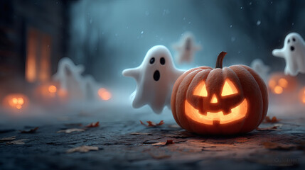 Evil jack lantern face with skittish ghost icons on Halloween background