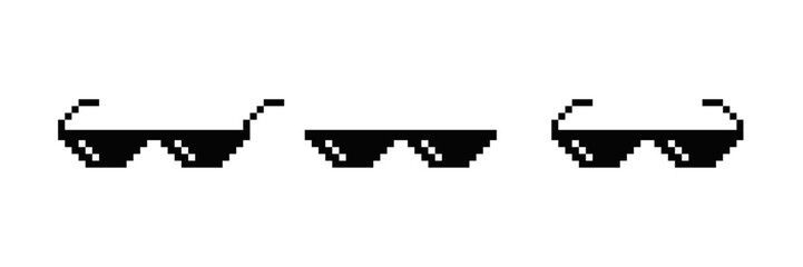 Pixel art shades glasses icon set with bold block style isolated on white background. Ideal for meme designs, retro graphics, gaming assets, digital art, and fun creative projects.