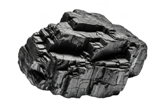 A single piece of black bituminous coal rock isolated on transparent background showing its rough, fractured, and layered texture