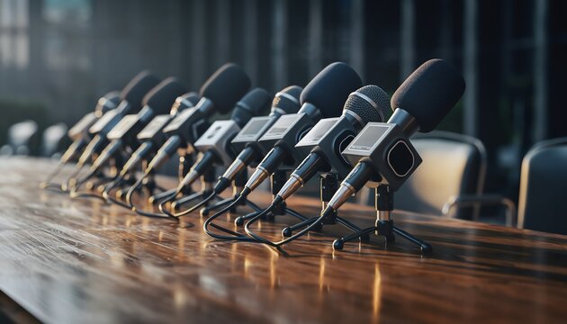 Multiple microphones wooden table conference anticipation, media event setup, press briefing or public statement, professional and modern communication environment. - Powered by Adobe