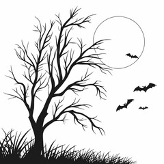 Black silhouette bare tree full moon and flying bats