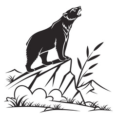 Black silhouette bear howling on rocky outcrop animal