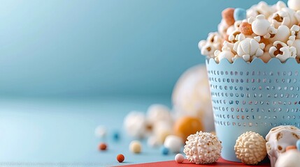 Close-up of a blue container filled with popcorn and colorful candies on a light blue surface. The background is a gradient of blue.